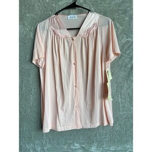Vanity Fair Apricot Pink Lace Trim Button Front Short Sleeve Nightgown  M